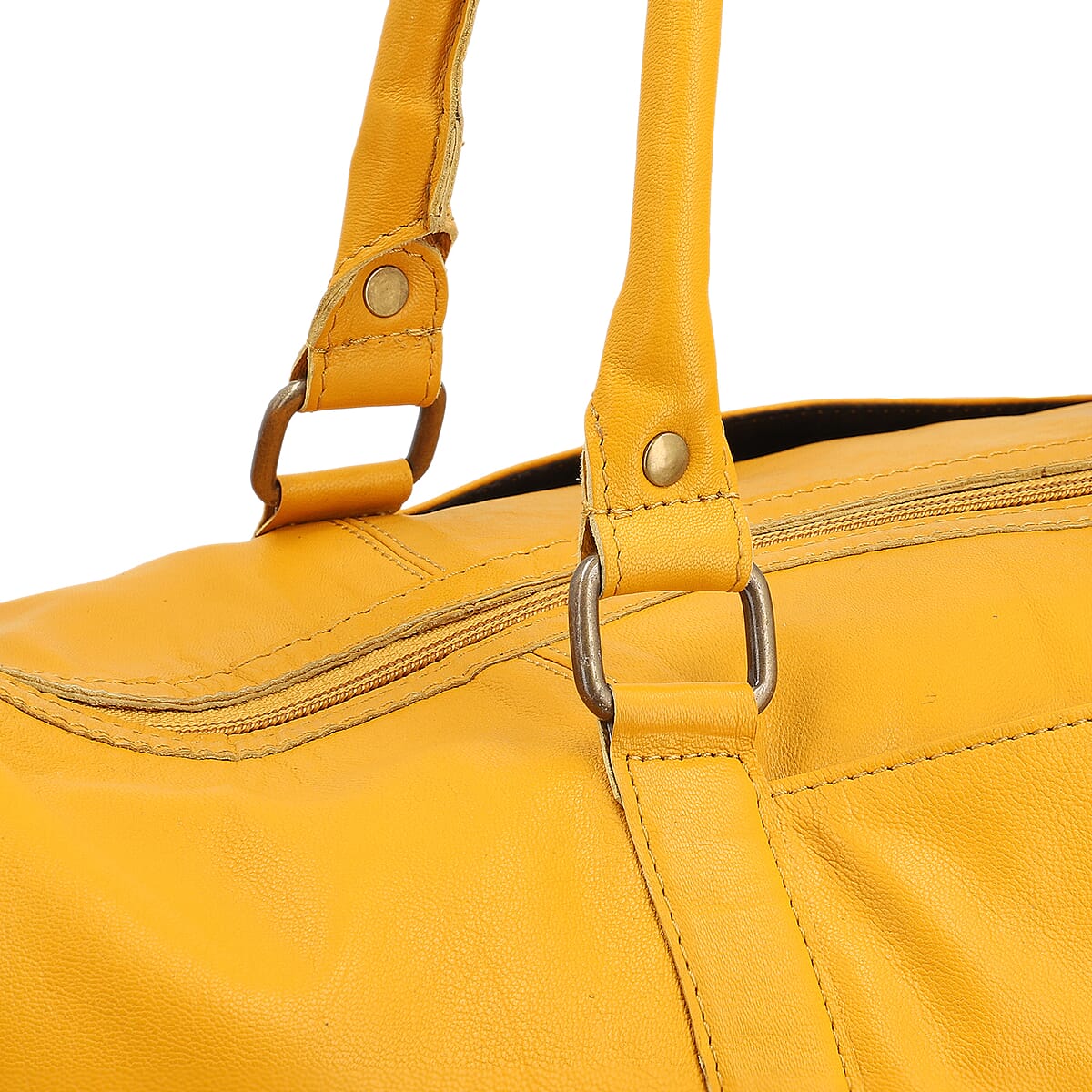 Dark Yellow 100% Genuine Leather Luggage Duffle Bag with 57.5 Inch Adjustable and Detachable Shoulder Strap, Drop Handles, Zipper Closure image number 5