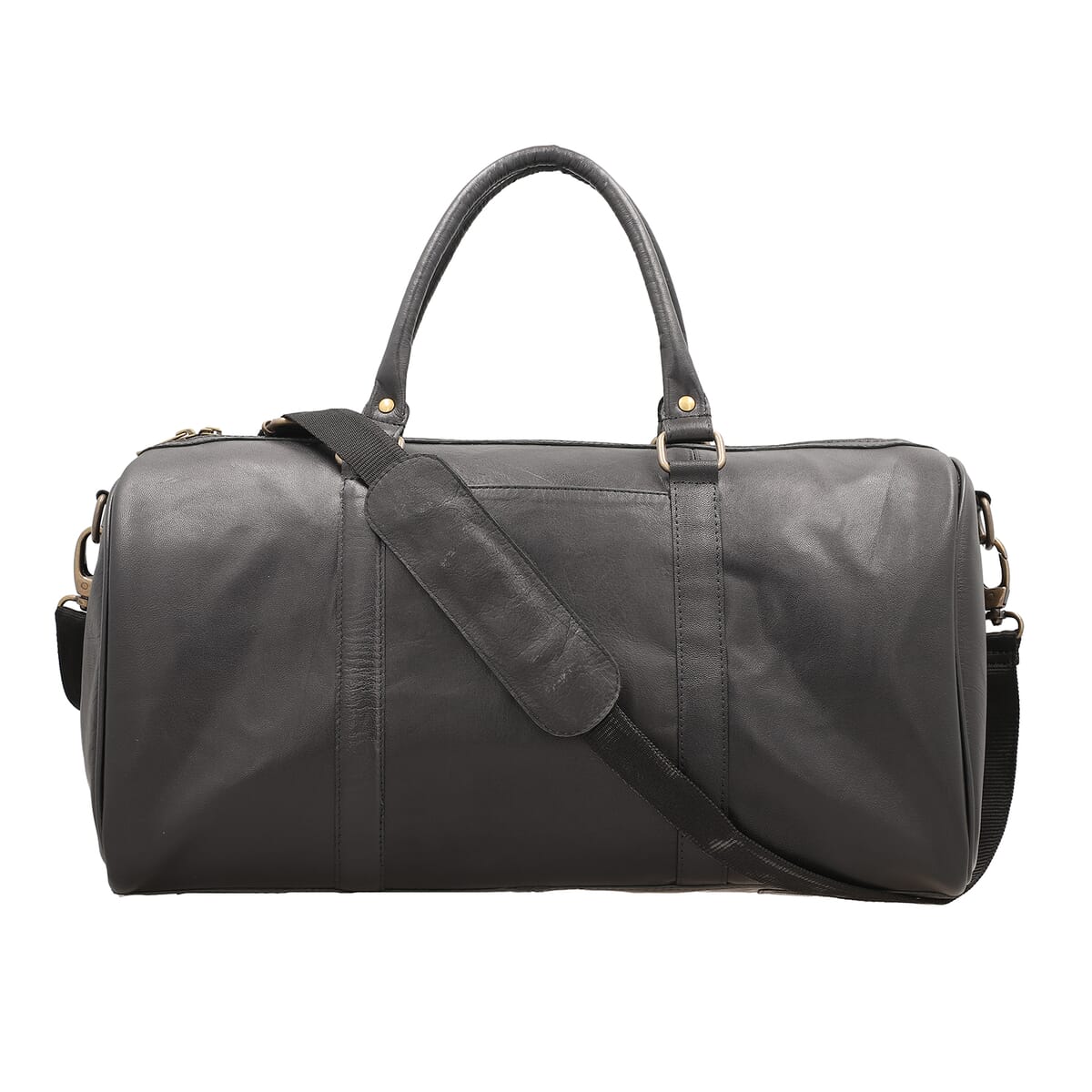 Black 100% Genuine Leather Luggage Duffle Bag with 57.5 Inch Adjustable and Detachable Shoulder Strap, Drop Handles, Zipper Closure image number 0