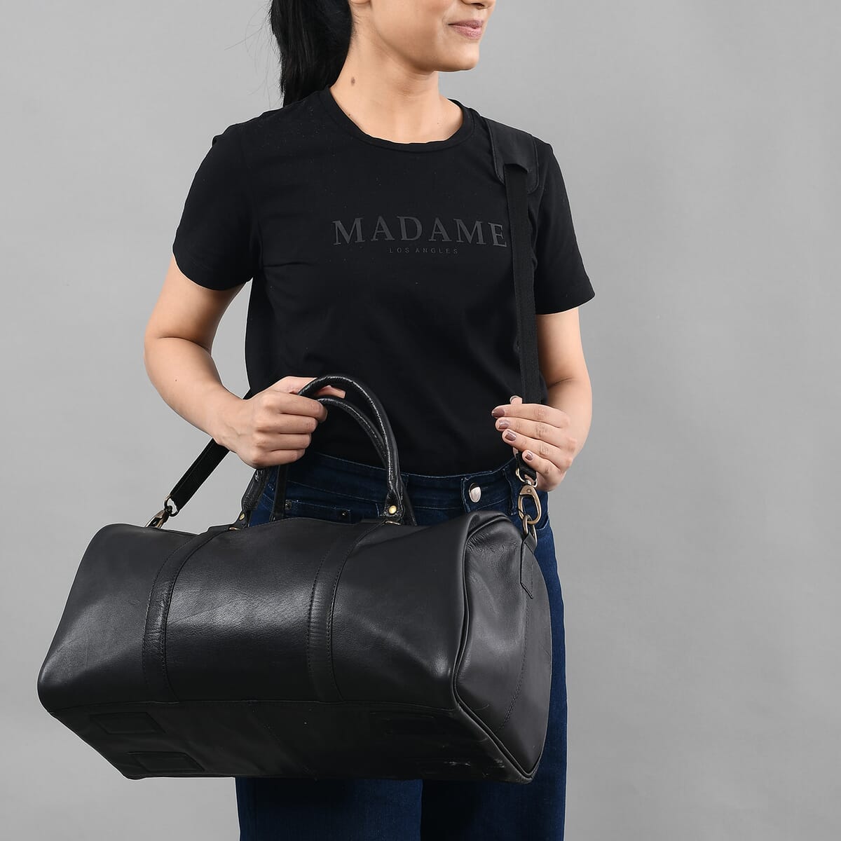 Black 100% Genuine Leather Luggage Duffle Bag with 57.5 Inch Adjustable and Detachable Shoulder Strap, Drop Handles, Zipper Closure image number 1