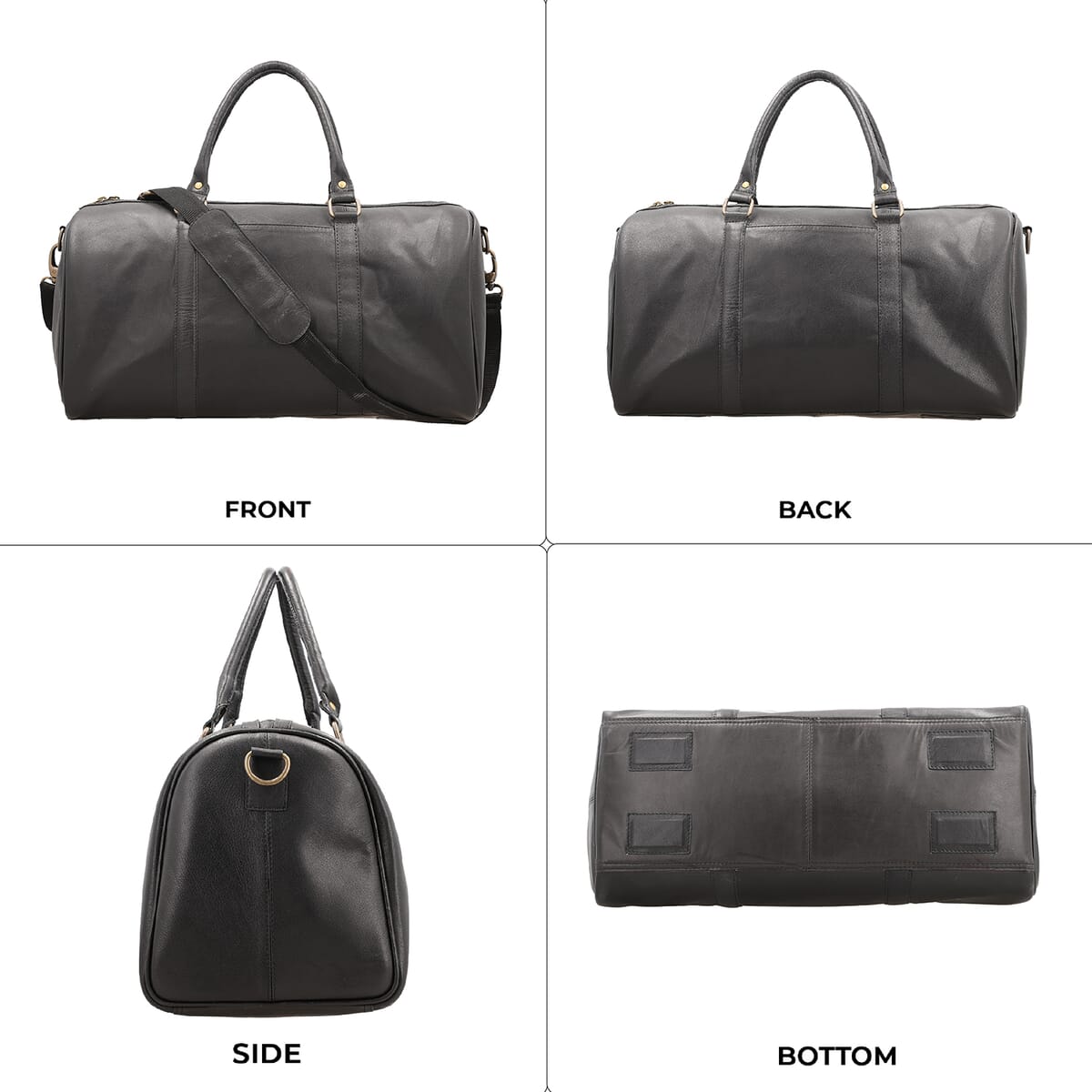 Black 100% Genuine Leather Luggage Duffle Bag with 57.5 Inch Adjustable and Detachable Shoulder Strap, Drop Handles, Zipper Closure image number 3