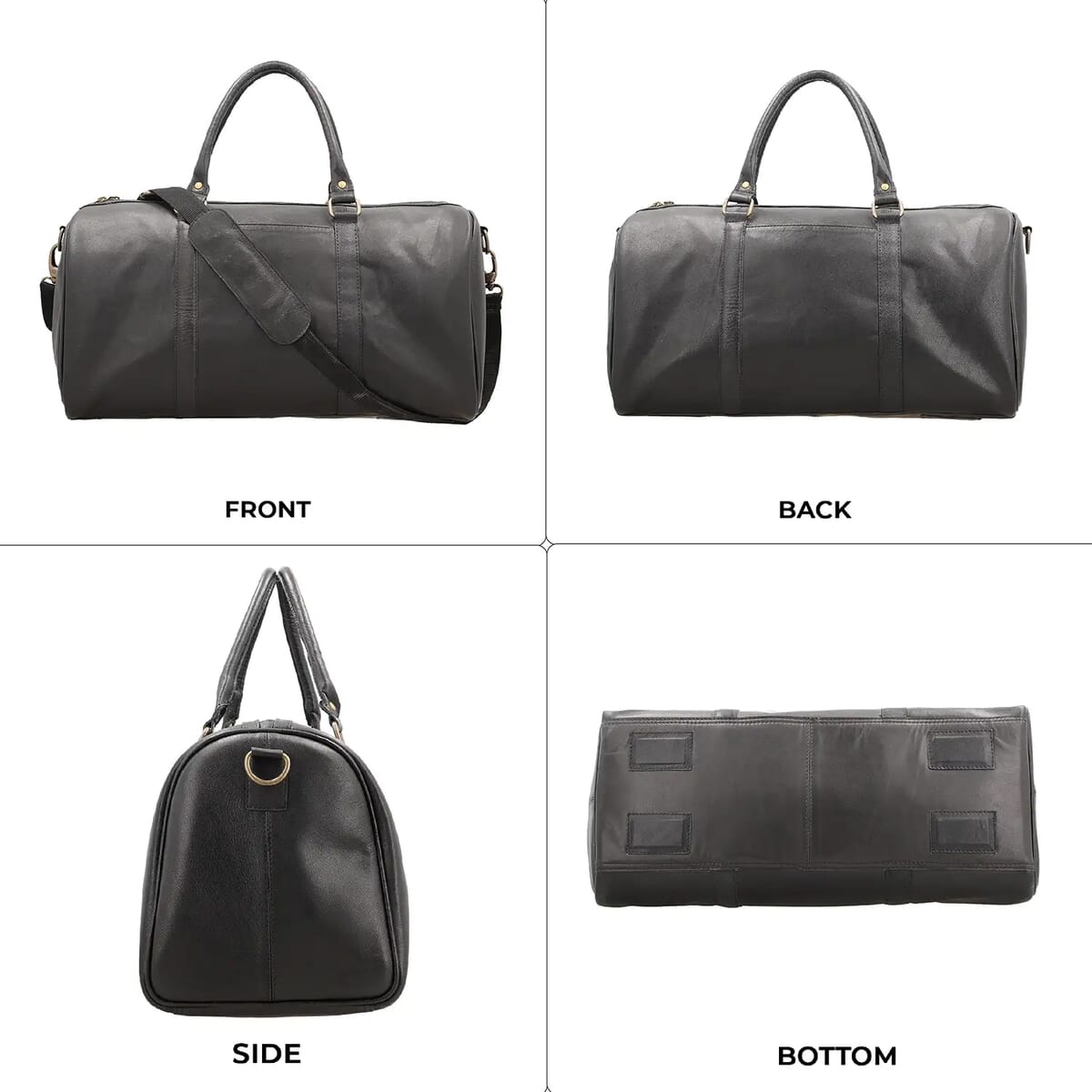 Black 100% Genuine Leather Luggage Duffle Bag with 57.5 Inch Adjustable and Detachable Shoulder Strap, Drop Handles, Zipper Closure image number 7