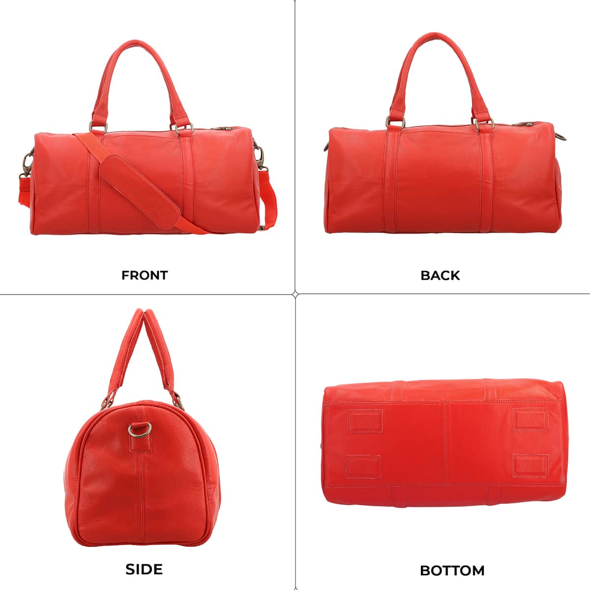 Red 100% Genuine Leather Luggage Duffle Bag with 57.5 Inch Adjustable and Detachable Shoulder Strap, Drop Handles, Zipper Closure image number 3