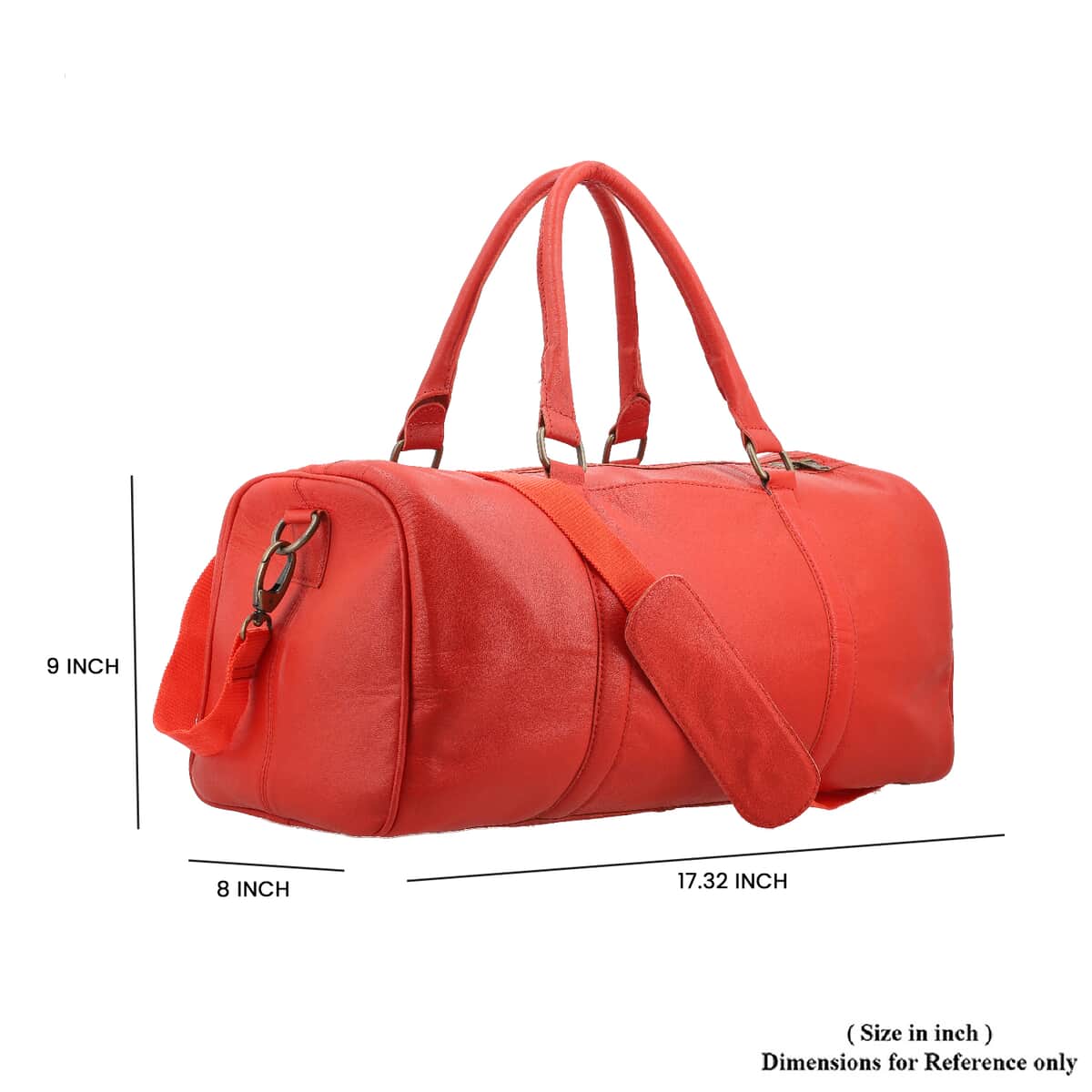 Red 100% Genuine Leather Luggage Duffle Bag with 57.5 Inch Adjustable and Detachable Shoulder Strap, Drop Handles, Zipper Closure image number 4