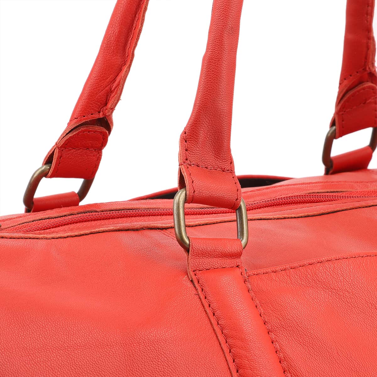 Red 100% Genuine Leather Luggage Duffle Bag with 57.5 Inch Adjustable and Detachable Shoulder Strap, Drop Handles, Zipper Closure image number 5