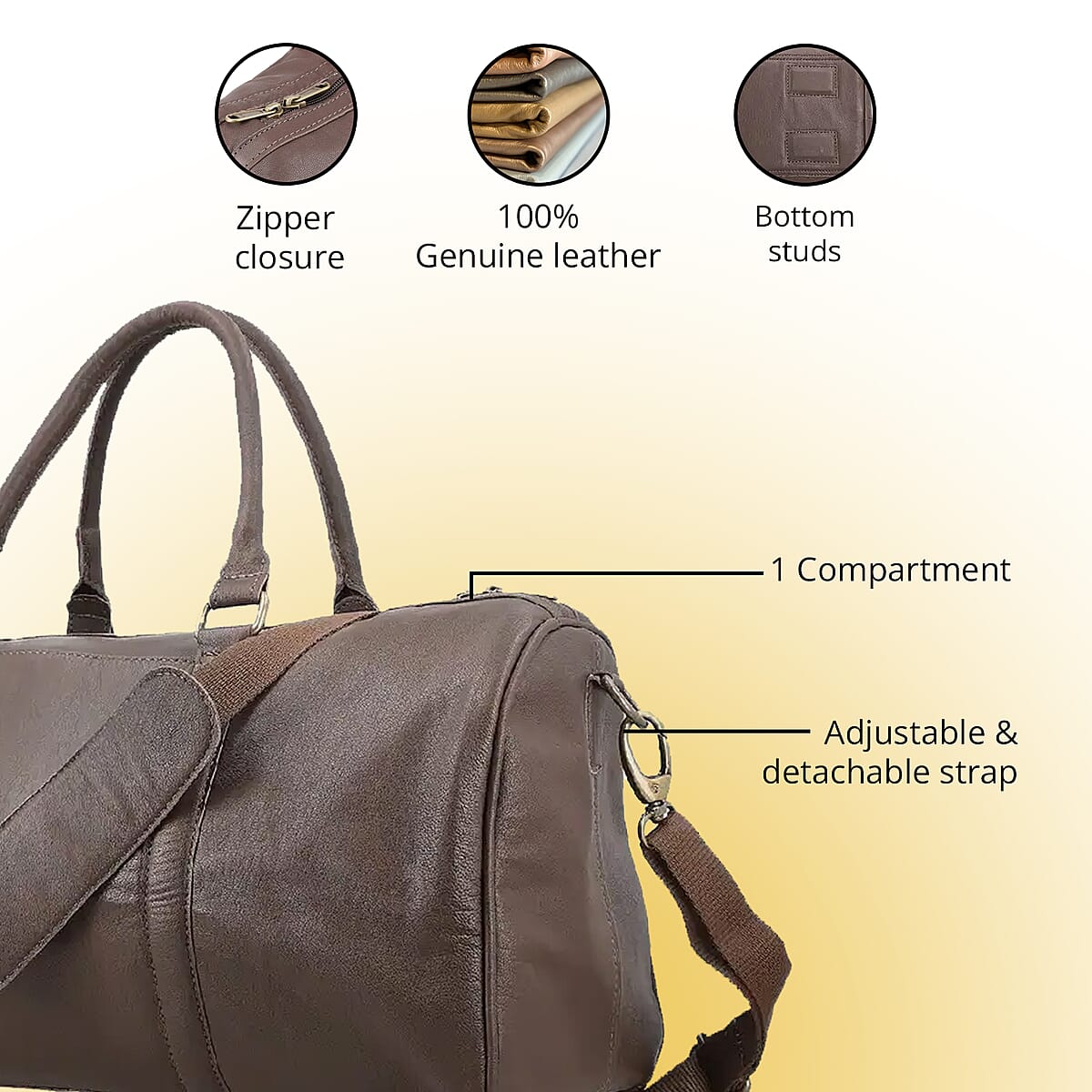 Dark Brown 100% Genuine Leather Luggage Duffle Bag with 57.5 Inch Adjustable and Detachable Shoulder Strap, Drop Handles, Zipper Closure image number 3