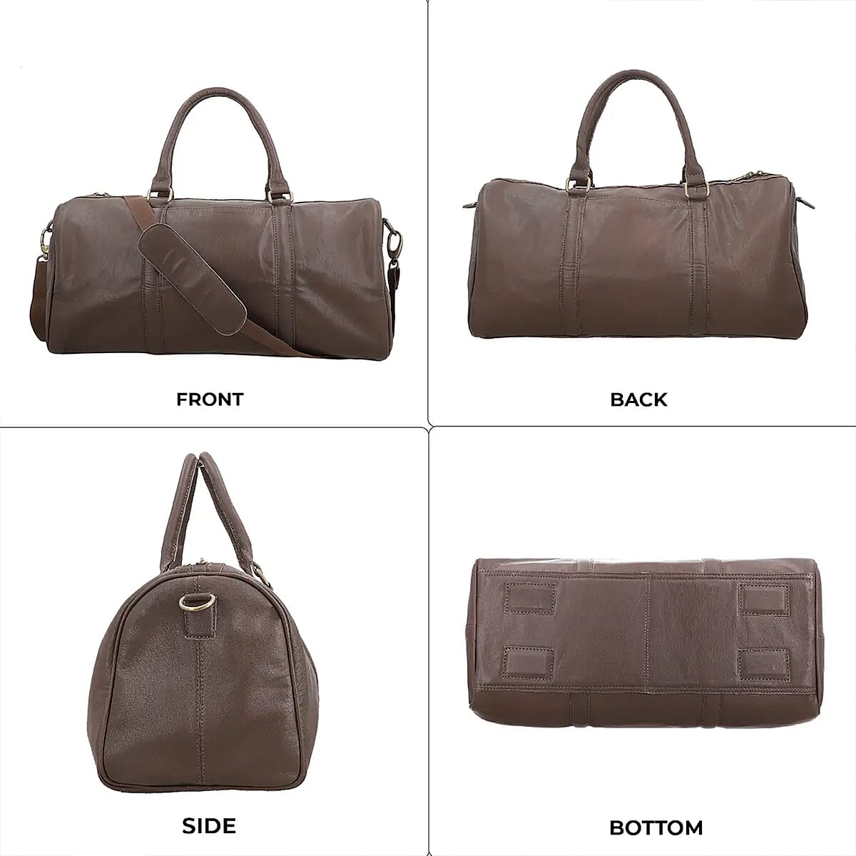 Dark Brown 100% Genuine Leather Luggage Duffle Bag with 57.5 Inch Adjustable and Detachable Shoulder Strap, Drop Handles, Zipper Closure image number 7