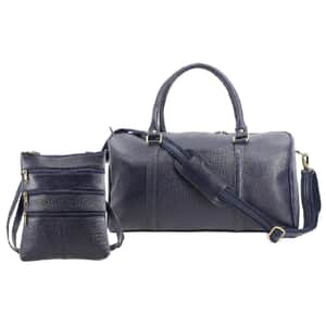 Doorbuster Set of 2 Navy Genuine Leather Croco Embossed Luggage Duffle with Crossbody Bag