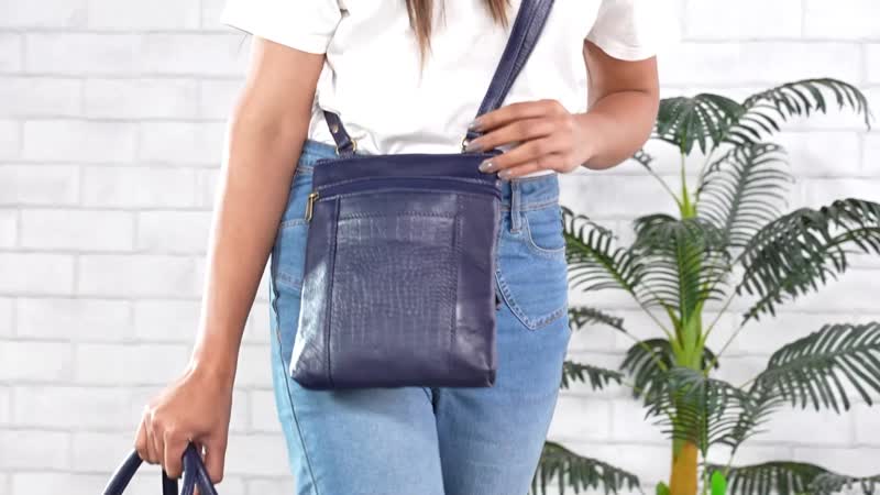 Set of 2 Navy 100% Genuine Leather Croco Embossed Luggage Duffle with Crossbody Bag