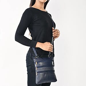 Set of 2 Navy Genuine Leather Croco Embossed Luggage Duffle with Crossbody Bag