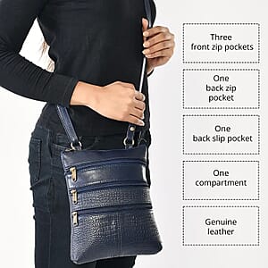 Set of 2 Navy Genuine Leather Croco Embossed Luggage Duffle with Crossbody Bag