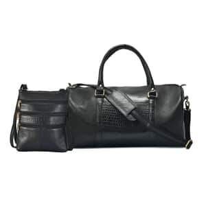 Set of 2 Black Genuine Leather Croco Embossed Luggage Duffle with Crossbody Bag