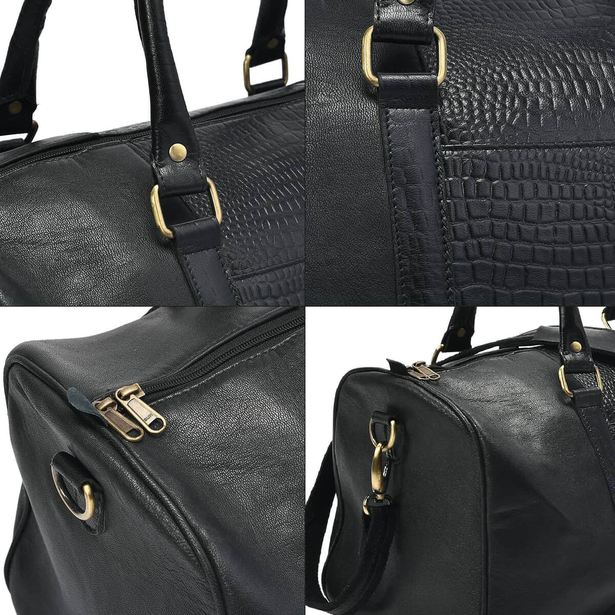 Set of 2 Black Genuine Leather Croco Embossed Luggage Duffle with Crossbody Bag image number 9
