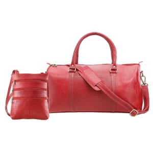 Set of 2 Red Genuine Leather Croco Embossed Luggage Duffle with Crossbody Bag