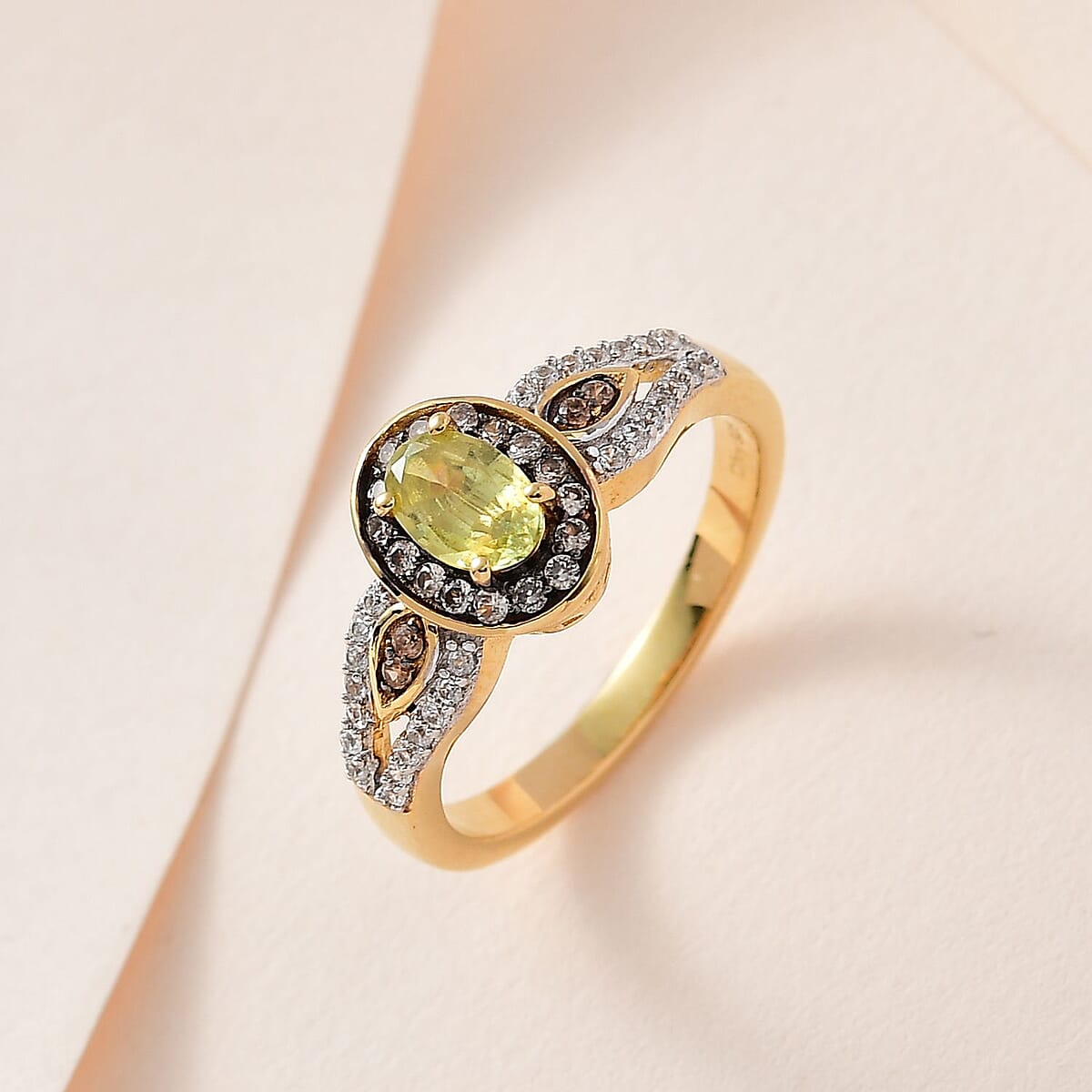 Premium Sava Sphene, Champagne and White Zircon Ring in Vermeil Yellow Gold Over Sterling Silver (Size 10.0) 1.00 ctw image number 1