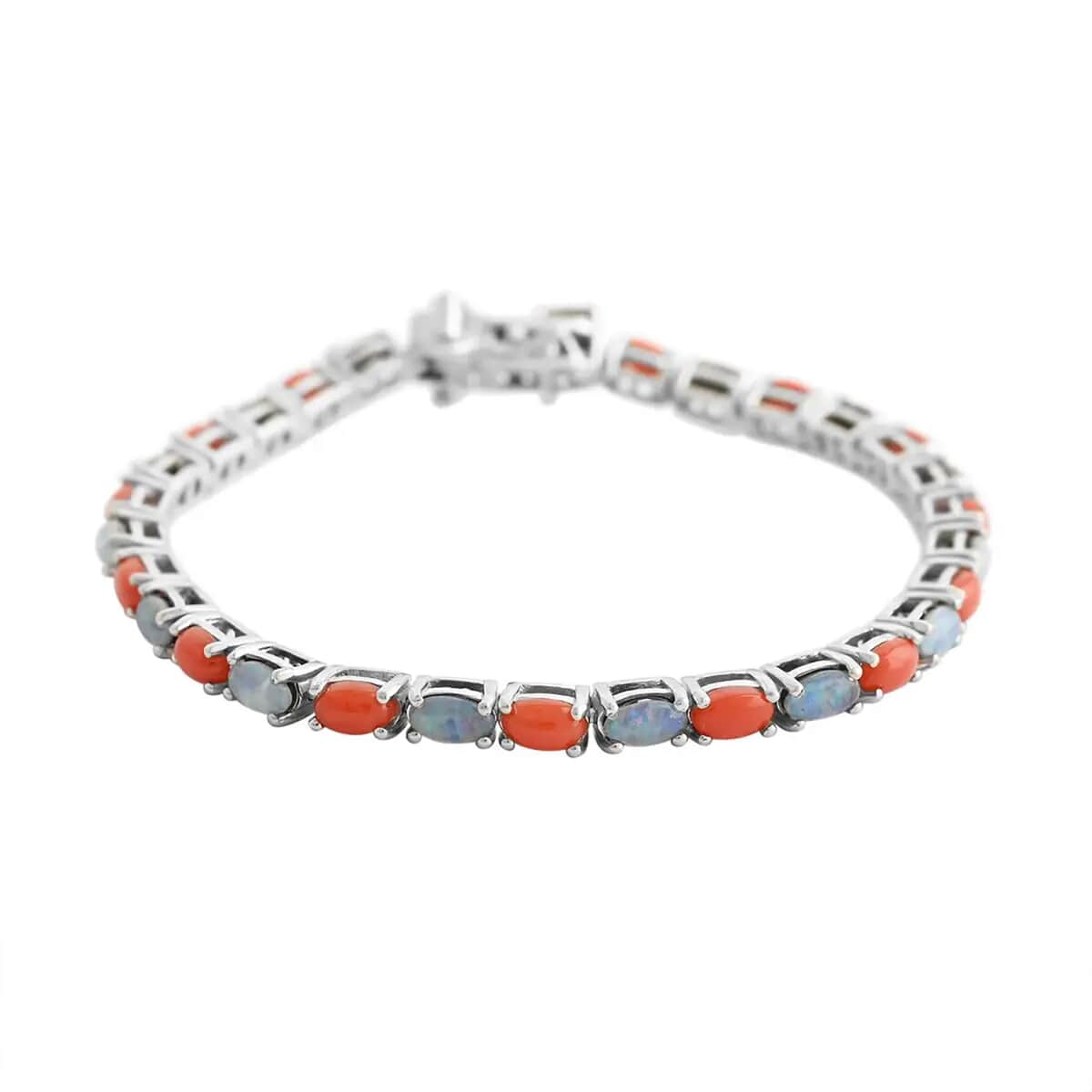 Boulder Opal Triplet and Mediterranean Coral 7.25 ctw Tennis Bracelet in Rhodium Over Sterling Silver (7.25 In) image number 0