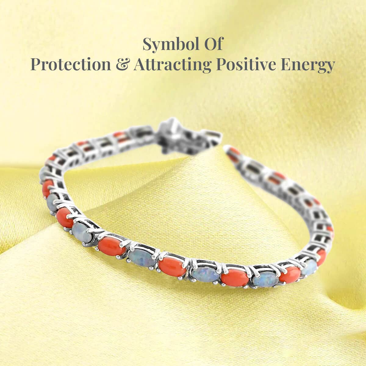 Boulder Opal Triplet and Mediterranean Coral 7.25 ctw Tennis Bracelet in Rhodium Over Sterling Silver (7.25 In) image number 3