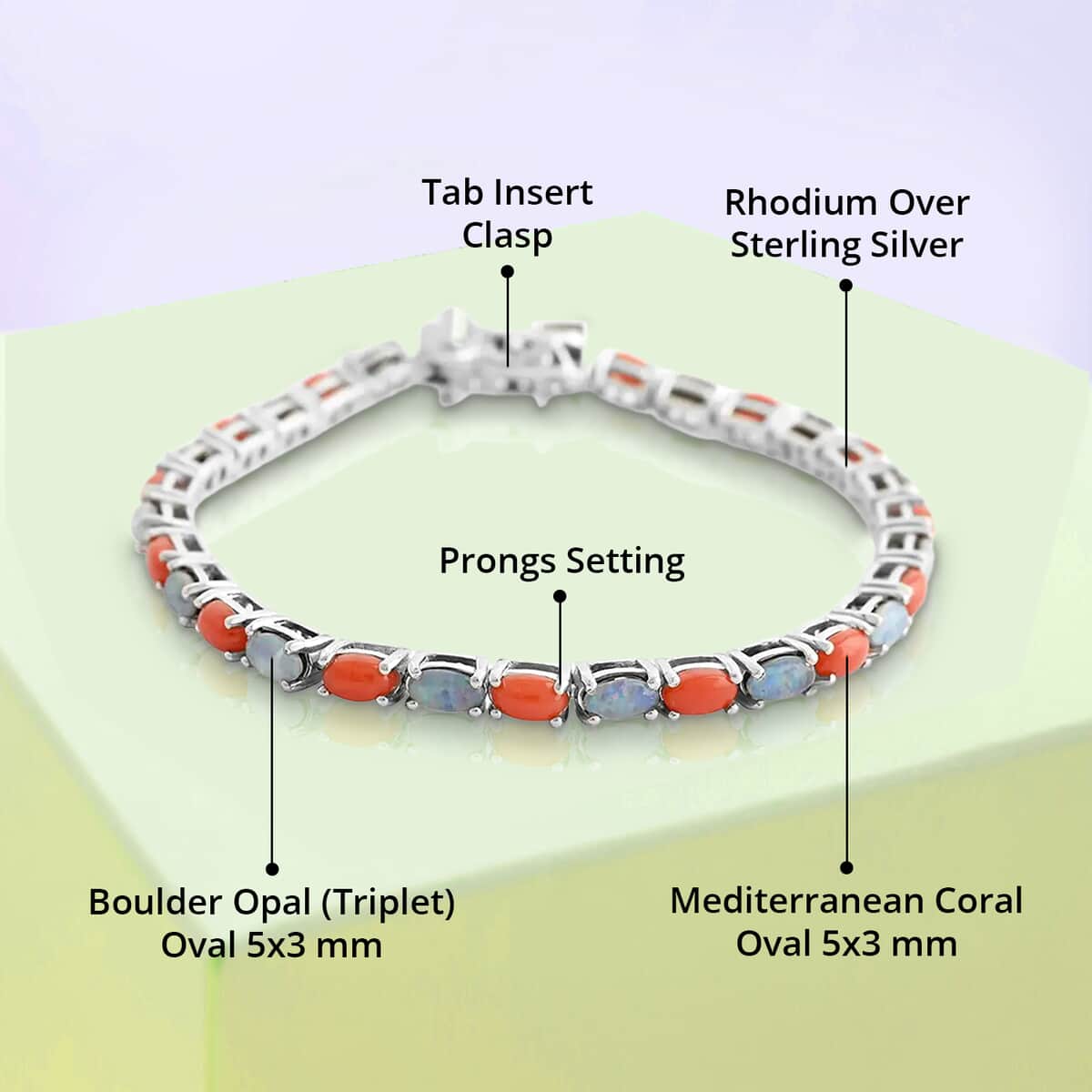 Boulder Opal Triplet and Mediterranean Coral 7.25 ctw Tennis Bracelet in Rhodium Over Sterling Silver (7.25 In) image number 4