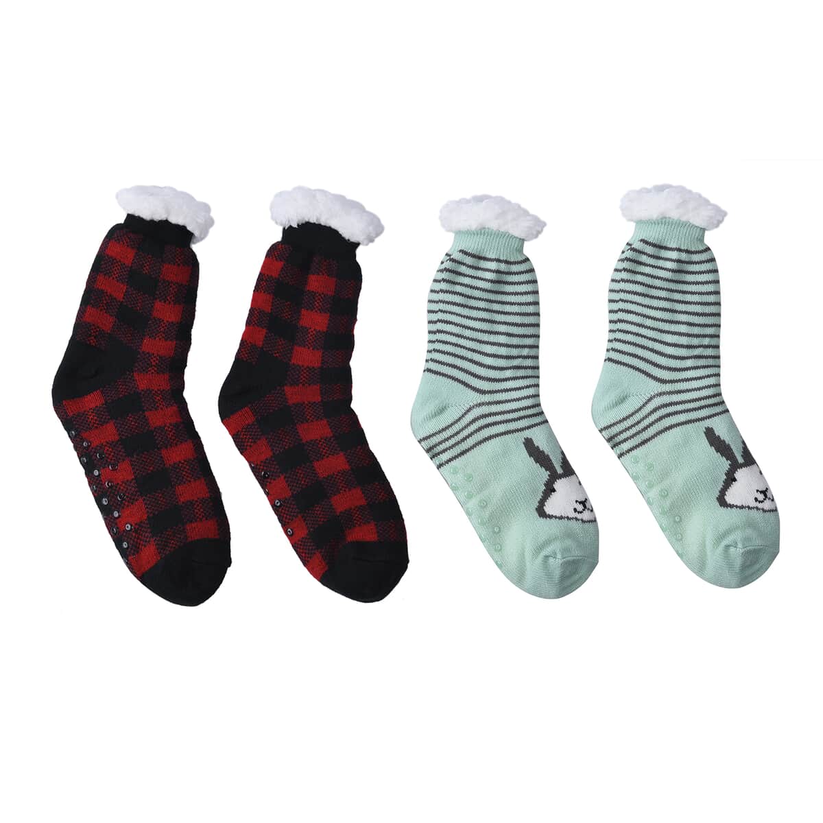Homesmart Set of 2 Animal and Checkered Pattern Warm & Fuzzy Lined Slipper Socks with Anti Slip Rubber image number 0