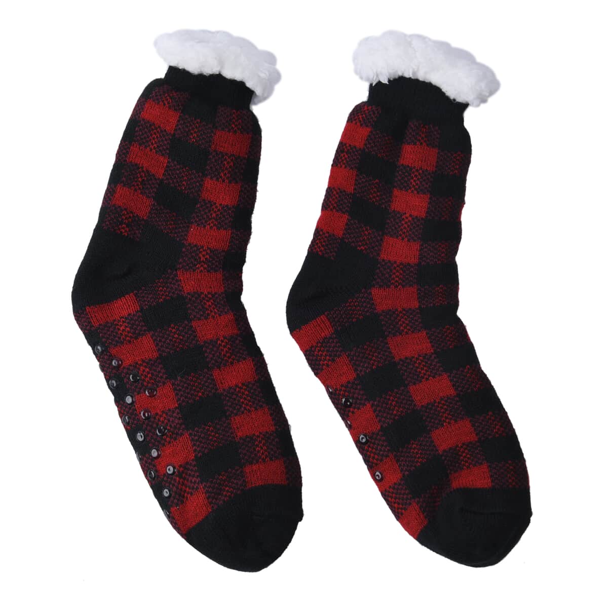 Homesmart Set of 2 Animal and Checkered Pattern Warm & Fuzzy Lined Slipper Socks with Anti Slip Rubber image number 1