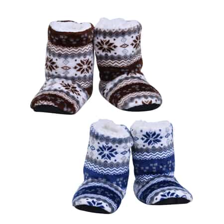 PASSAGE Set of 2 Pairs Blue, Brown color Tribal Pattern 100% Polyester Faux Fur, Sherpa Booties (Size S) image number 0