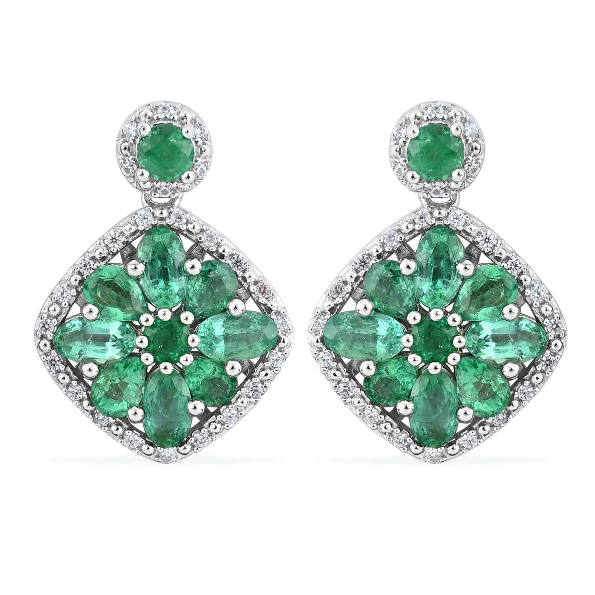 AAA Kagem Emerald and White Zircon Dangle Earrings in Rhodium Over Sterling Silver 3.75 ctw image number 0