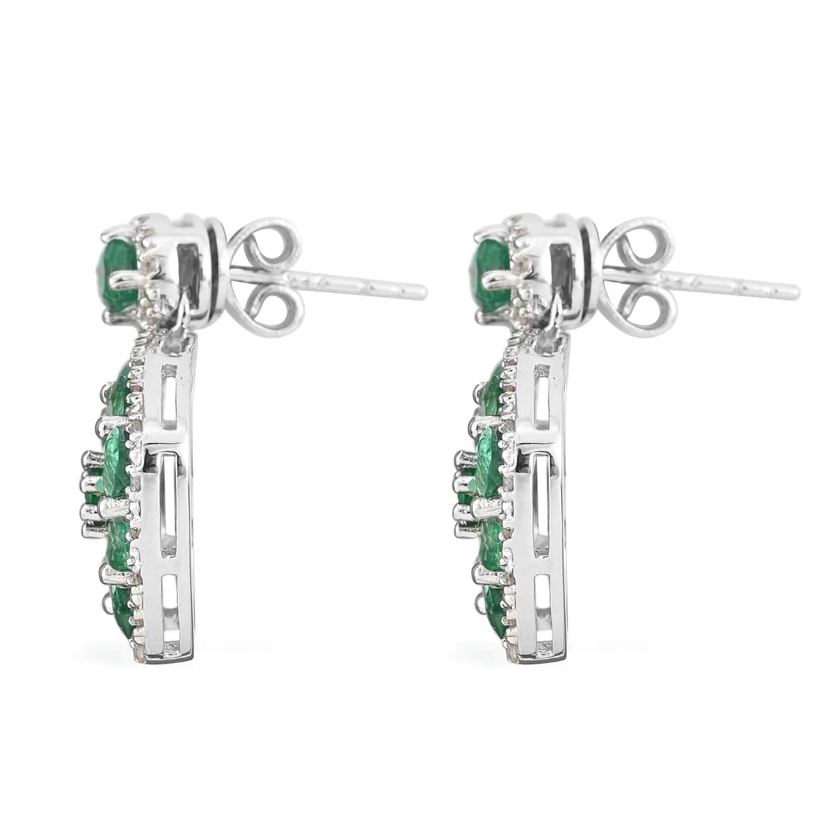 AAA Kagem Emerald and White Zircon Dangle Earrings in Rhodium Over Sterling Silver 3.75 ctw image number 2