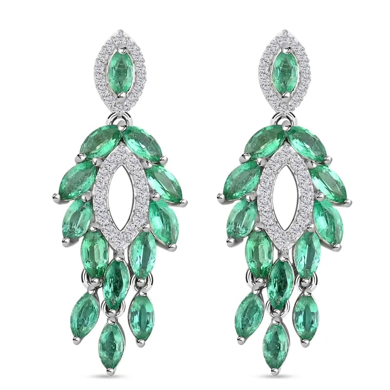 AAA Kagem Zambian Emerald Dangle Earrings, White Zircon Accent Earrings, Emerald Earrings, Rhodium Plated Sterling Silver Earrings,  Green Earrings For Her, Birthday Gift 3.75 ctw