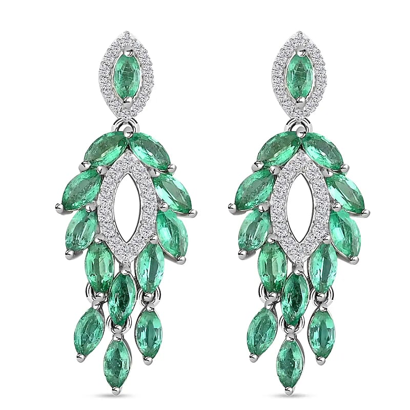 AAA Kagem Zambian Emerald Dangle Earrings, White Zircon Accent Earrings, Emerald Earrings, Rhodium Plated Sterling Silver Earrings,  Green Earrings For Her, Birthday Gift 3.75 ctw
