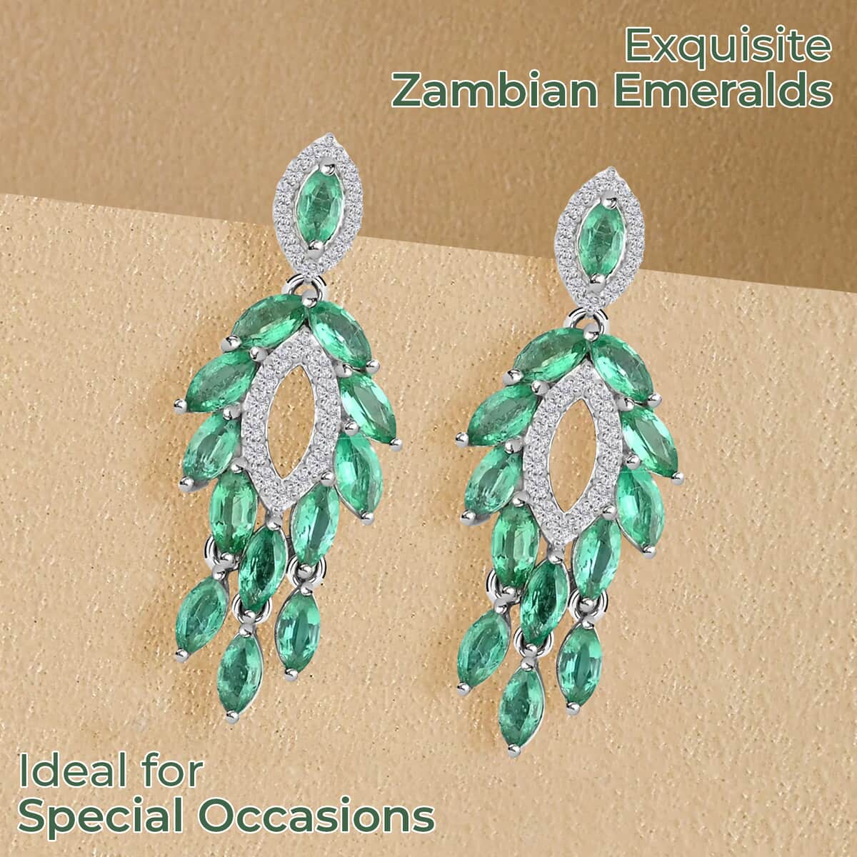 AAA Kagem Zambian Emerald Dangle Earrings, White Zircon Accent Earrings, Emerald Earrings, Rhodium Plated Sterling Silver Earrings,  Green Earrings For Her, Birthday Gift 3.75 ctw image number 1