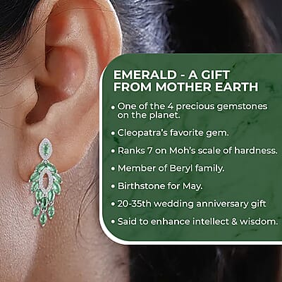 AAA Kagem Zambian Emerald Dangle Earrings, White Zircon Accent Earrings, Emerald Earrings, Rhodium Plated Sterling Silver Earrings,  Green Earrings For Her, Birthday Gift 3.75 ctw