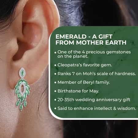 AAA Kagem Zambian Emerald Dangle Earrings, White Zircon Accent Earrings, Emerald Earrings, Rhodium Plated Sterling Silver Earrings,  Green Earrings For Her, Birthday Gift 3.75 ctw image number 2