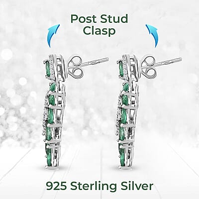 AAA Kagem Zambian Emerald Dangle Earrings, White Zircon Accent Earrings, Emerald Earrings, Rhodium Plated Sterling Silver Earrings,  Green Earrings For Her, Birthday Gift 3.75 ctw
