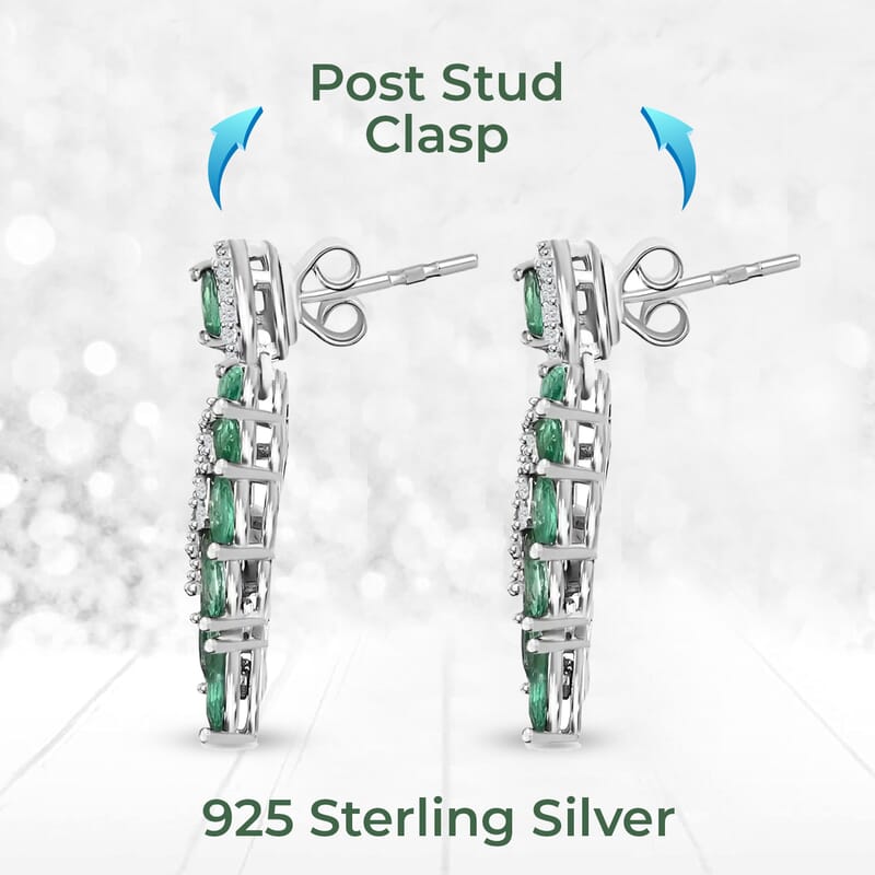 AAA Kagem Zambian Emerald Dangle Earrings, White Zircon Accent Earrings, Emerald Earrings, Rhodium Plated Sterling Silver Earrings,  Green Earrings For Her, Birthday Gift 3.75 ctw