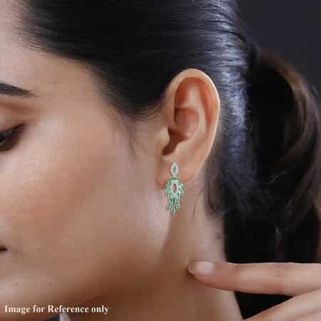 AAA Kagem Zambian Emerald Dangle Earrings, White Zircon Accent Earrings, Emerald Earrings, Rhodium Plated Sterling Silver Earrings,  Green Earrings For Her, Birthday Gift 3.75 ctw image number 4