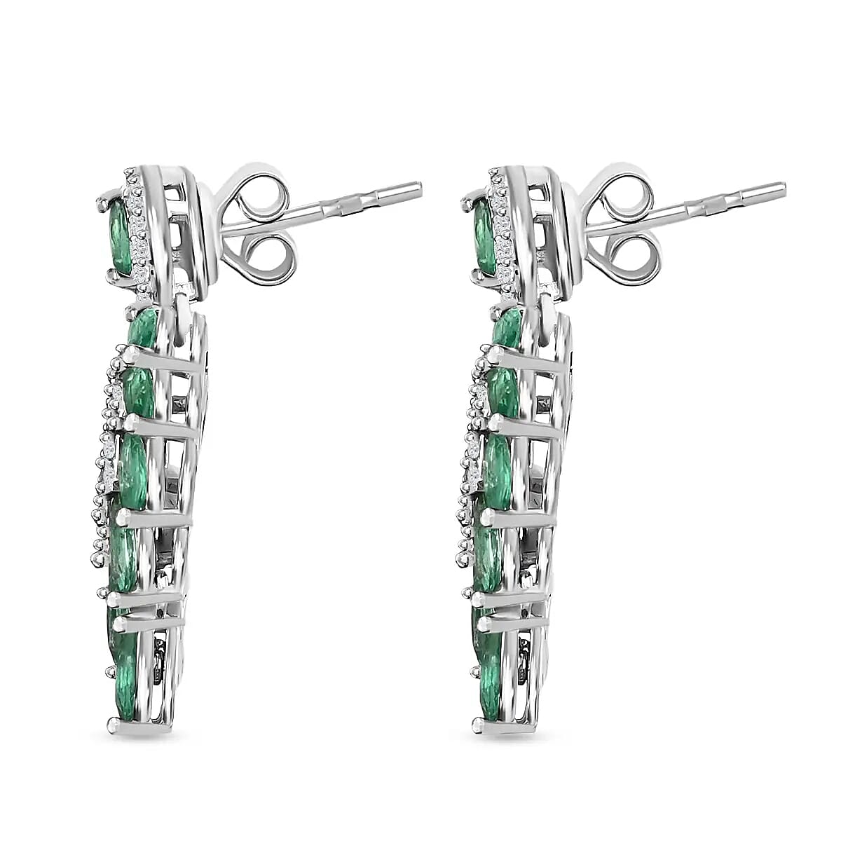 AAA Kagem Zambian Emerald Dangle Earrings, White Zircon Accent Earrings, Emerald Earrings, Rhodium Plated Sterling Silver Earrings,  Green Earrings For Her, Birthday Gift 3.75 ctw