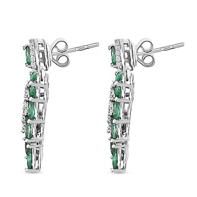 AAA Kagem Zambian Emerald Dangle Earrings, White Zircon Accent Earrings, Emerald Earrings, Rhodium Plated Sterling Silver Earrings,  Green Earrings For Her, Birthday Gift 3.75 ctw