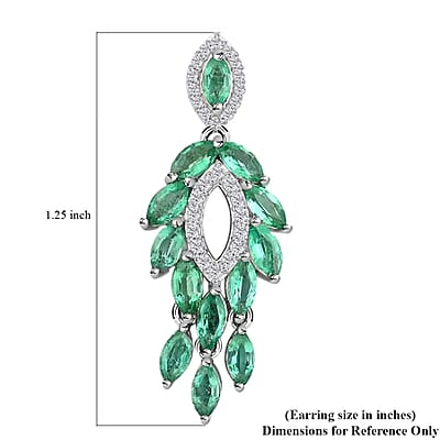 AAA Kagem Zambian Emerald Dangle Earrings, White Zircon Accent Earrings, Emerald Earrings, Rhodium Plated Sterling Silver Earrings,  Green Earrings For Her, Birthday Gift 3.75 ctw