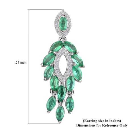 AAA Kagem Zambian Emerald Dangle Earrings, White Zircon Accent Earrings, Emerald Earrings, Rhodium Plated Sterling Silver Earrings,  Green Earrings For Her, Birthday Gift 3.75 ctw image number 6