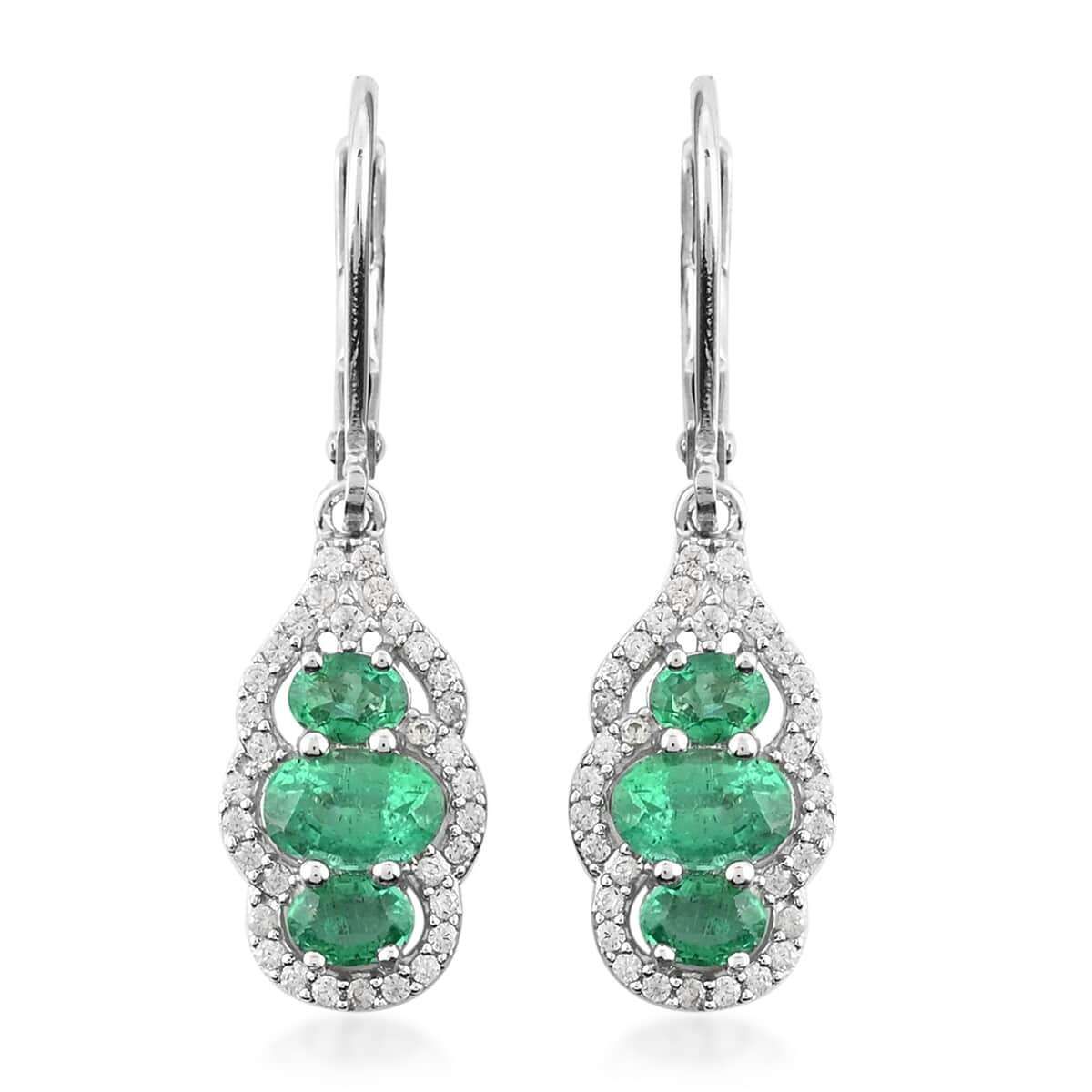 AAA Kagem Emerald and White Zircon Dangle Earring in Rhodium Over Sterling Silver 2.00 ctw image number 0