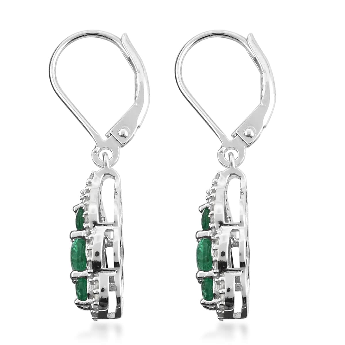 AAA Kagem Emerald and White Zircon Dangle Earring in Rhodium Over Sterling Silver 2.00 ctw image number 2