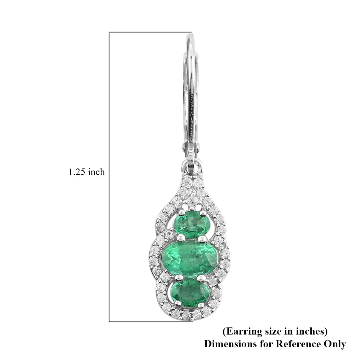 AAA Kagem Emerald and White Zircon Dangle Earring in Rhodium Over Sterling Silver 2.00 ctw image number 3