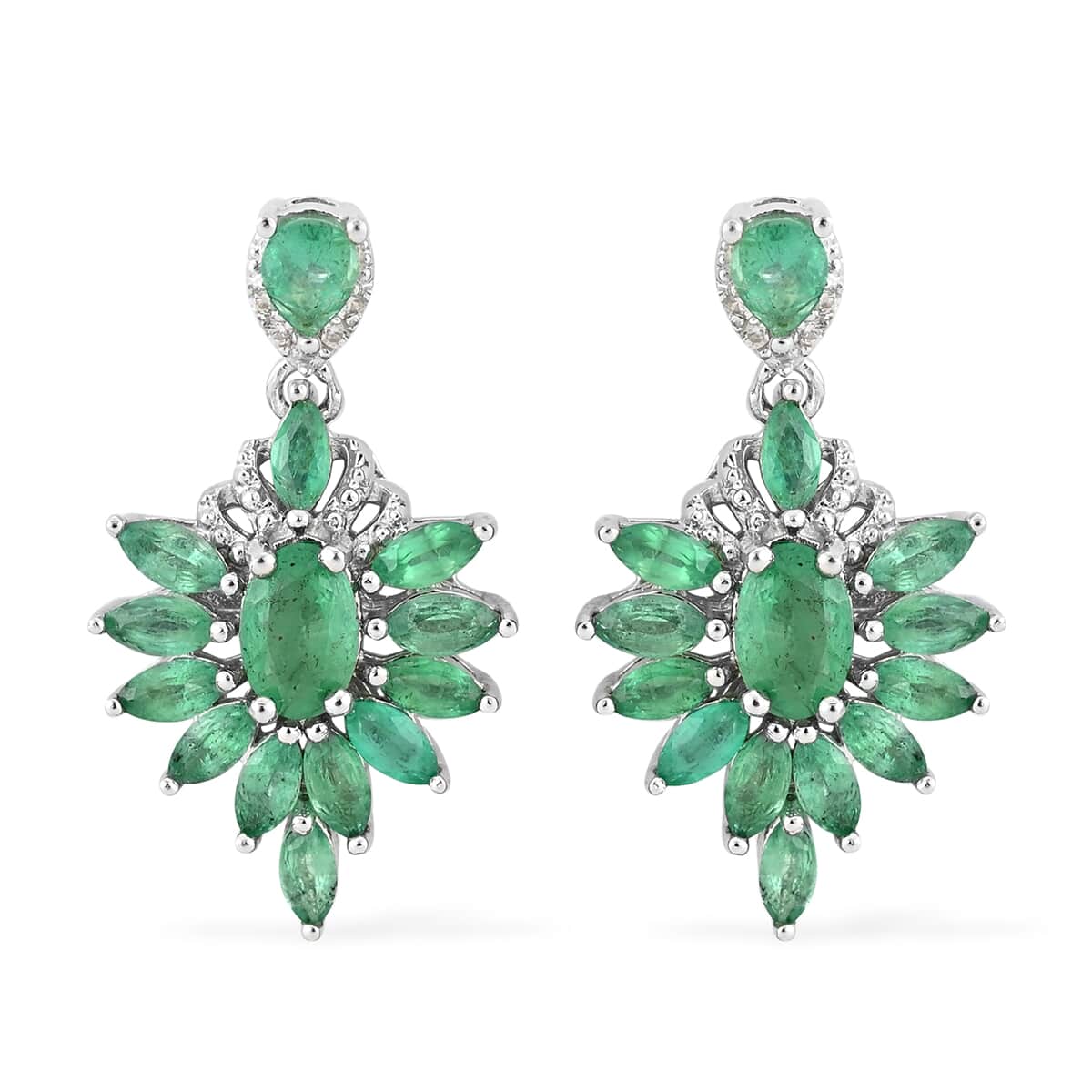 AAA Kagem Zambian Intense Green Emerald and White Zircon Dangle Earring in Rhodium Over Sterling Silver 2.80 ctw image number 0