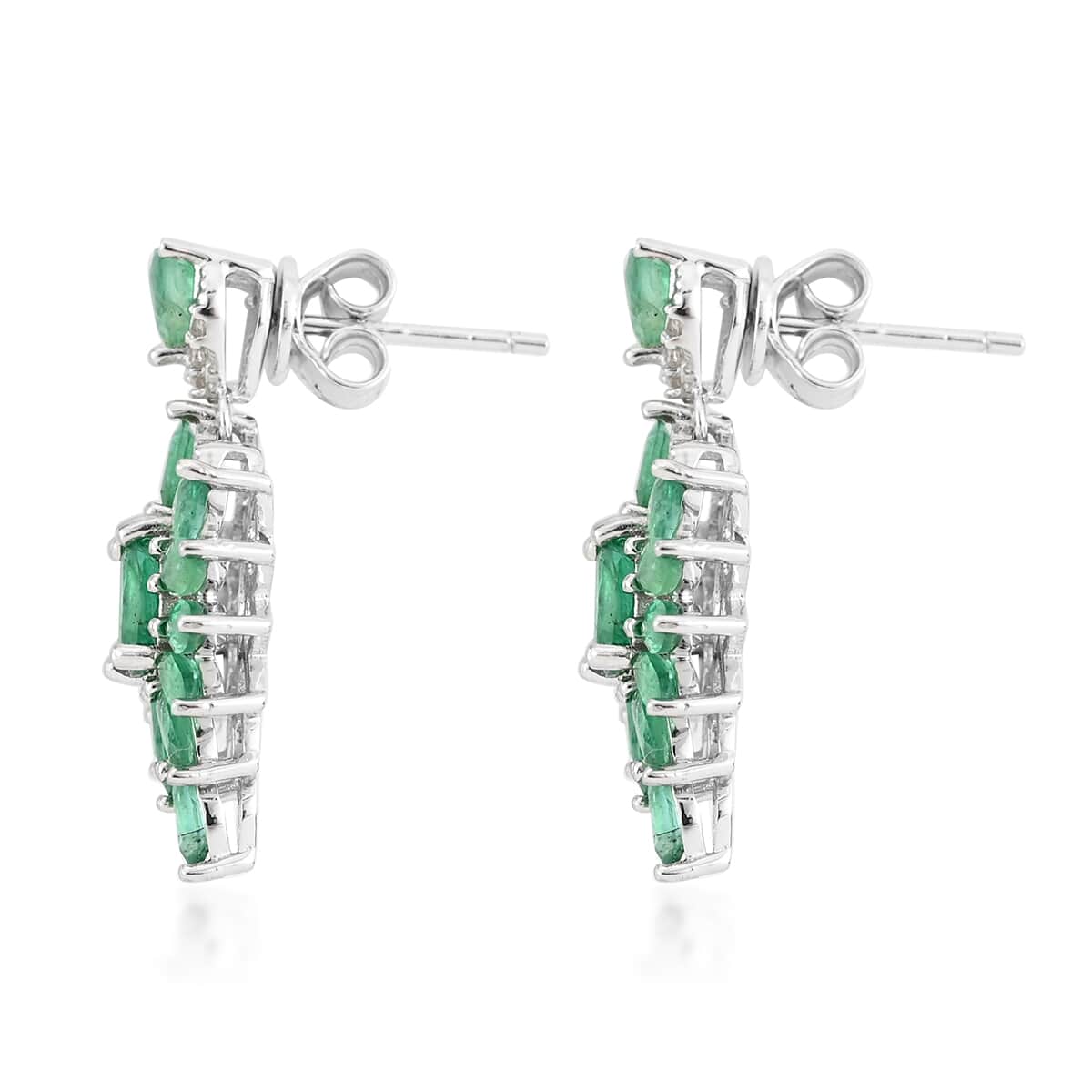 AAA Kagem Zambian Intense Green Emerald and White Zircon Dangle Earring in Rhodium Over Sterling Silver 2.80 ctw image number 2