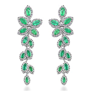 AAA Kagem Emerald and White Zircon Leaves Dangle Earring in Rhodium Over Sterling Silver 3.70 ctw