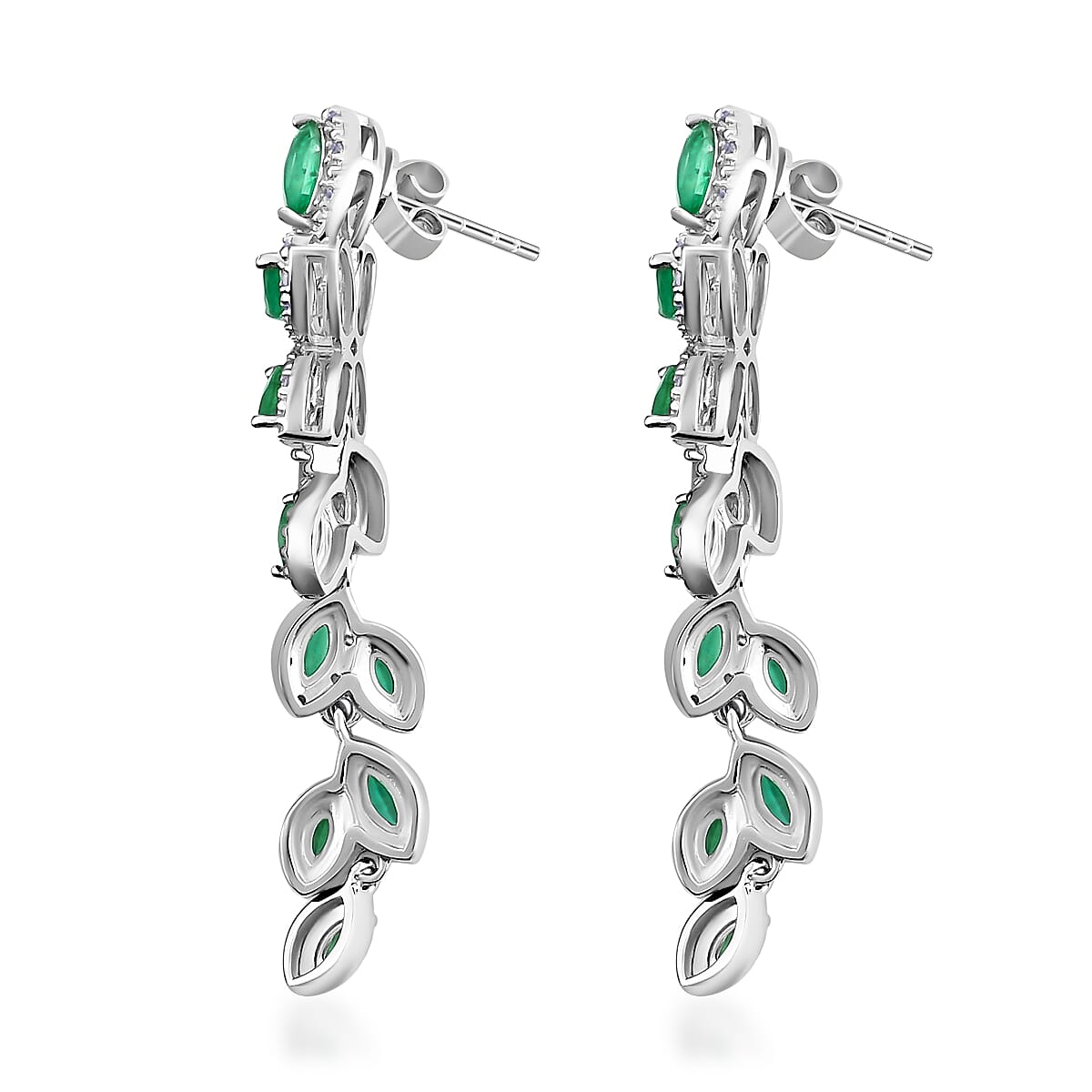AAA Kagem Emerald and White Zircon Leaves Dangle Earring in Rhodium Over Sterling Silver 3.70 ctw image number 2
