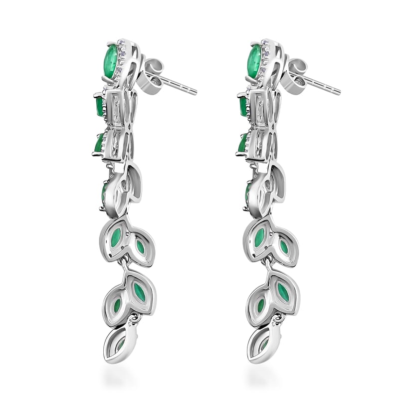 AAA Kagem Emerald and White Zircon Leaves Dangle Earring in Rhodium Over Sterling Silver 3.70 ctw