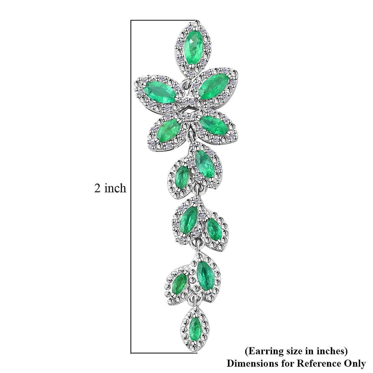 AAA Kagem Emerald and White Zircon Leaves Dangle Earring in Rhodium Over Sterling Silver 3.70 ctw image number 3