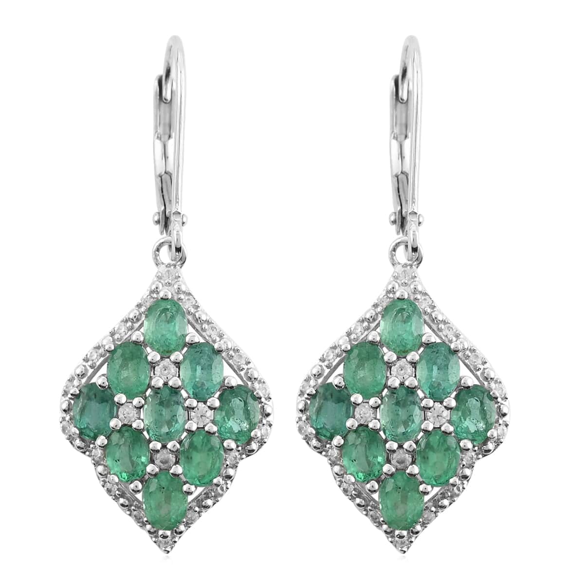 AAA Kagem Emerald and White Zircon Dangle Earrings in Rhodium Over Sterling Silver 3.40 ctw image number 0