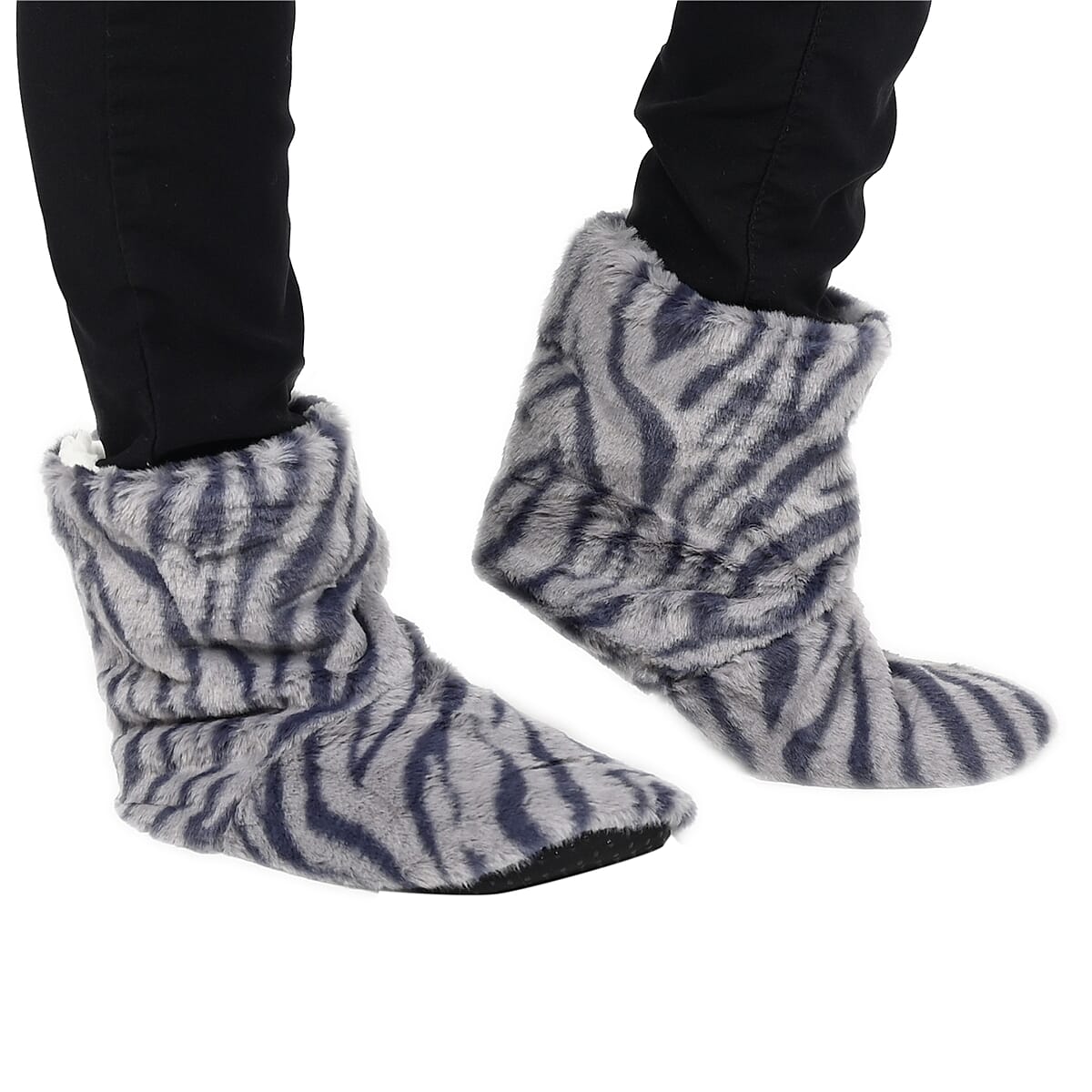Homesmart Grey Zebra Print Faux Fur Sherpa Bootie Set of 2 Slippers (Women's Size 5-10) image number 1