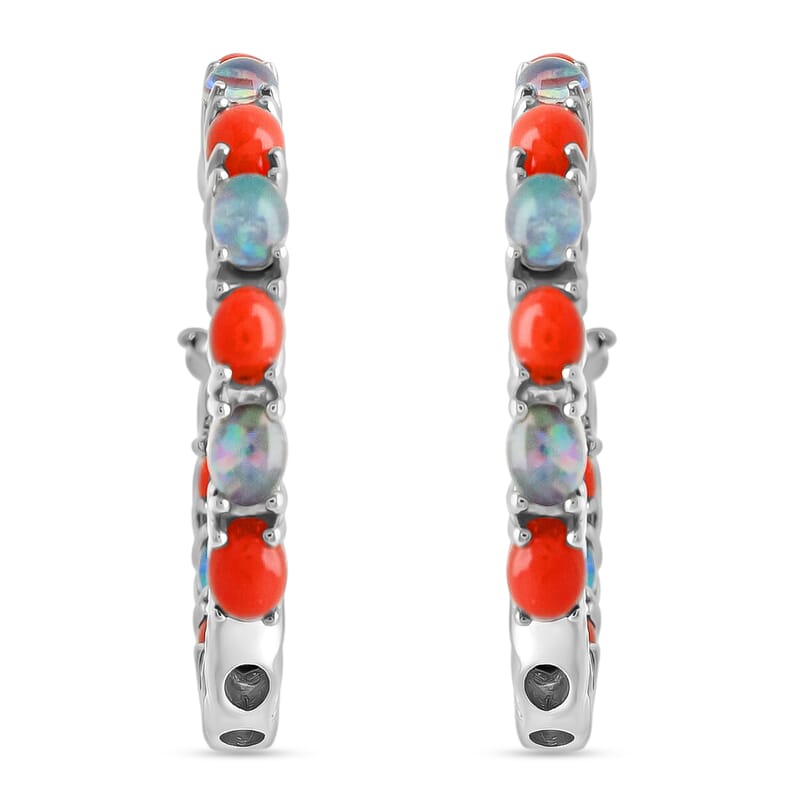 Boulder Opal Triplet and Mediterranean Coral 5.75 ctw Hoop Earrings in Rhodium Over Sterling Silver 7.10 Grams